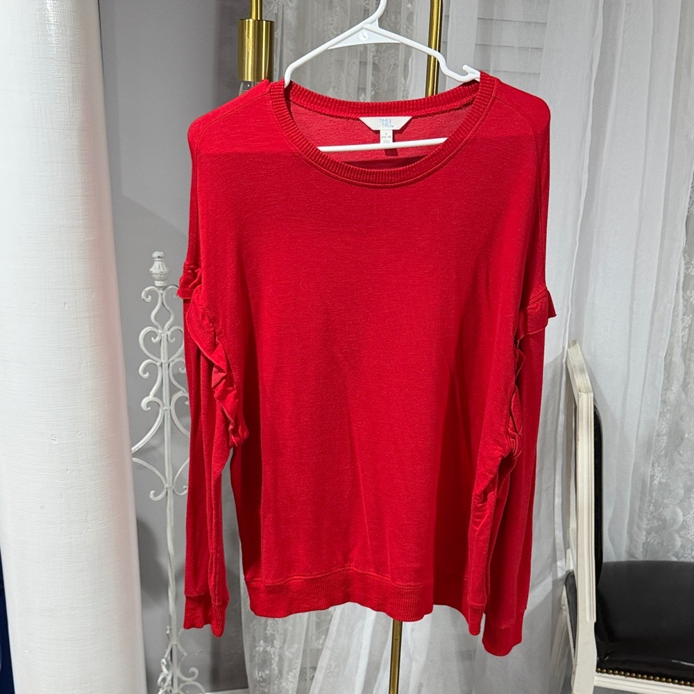 Time and Tru Women's Red Sweater with Ruffle Accents
